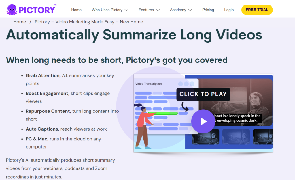 summarize the long video with help of pictory