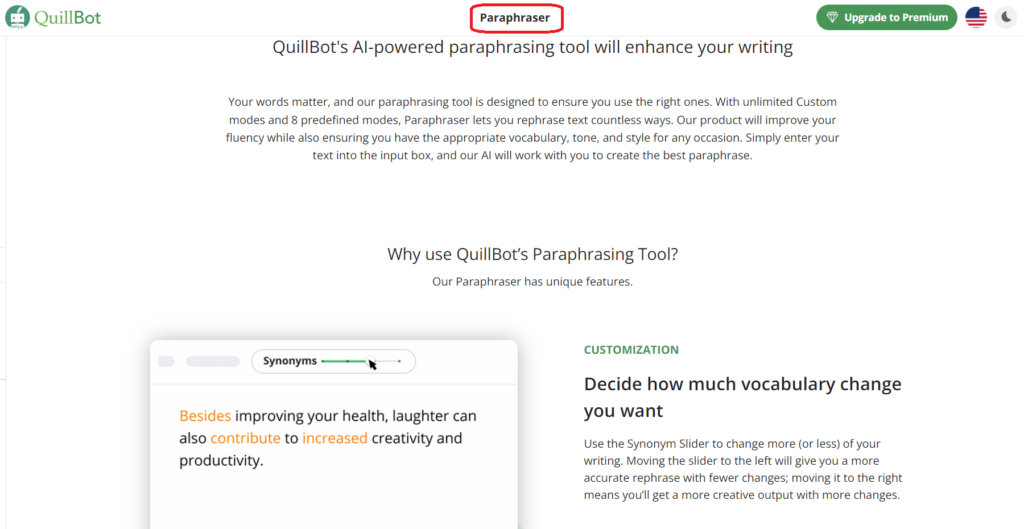QuillBot vs. Grammarly : quillbot paraphraser interface